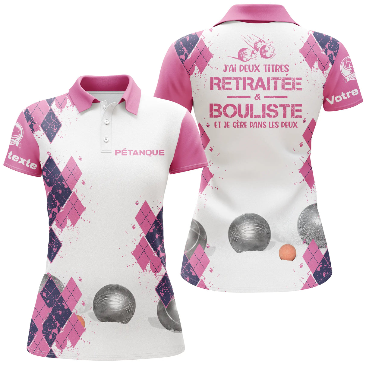 Polo pétanque femme rose retraitée bouliste deux titres losanges boules dos prénom manche personnalisé