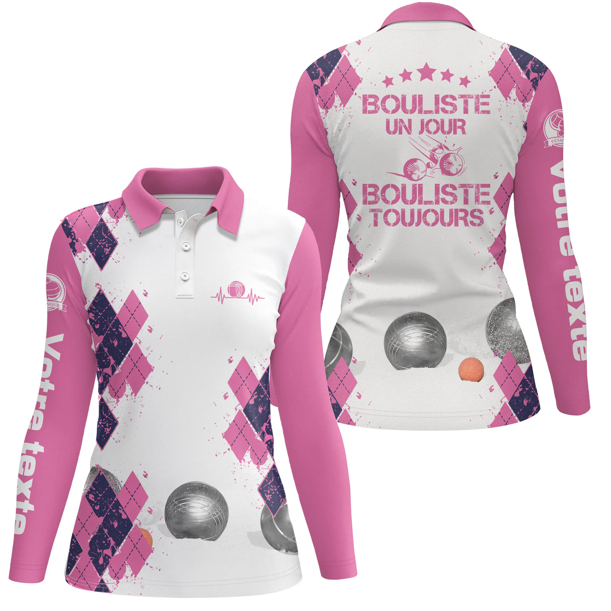 Polo manches longues femme violet Bouliste un jour toujours losanges dos prénom personnalisé
