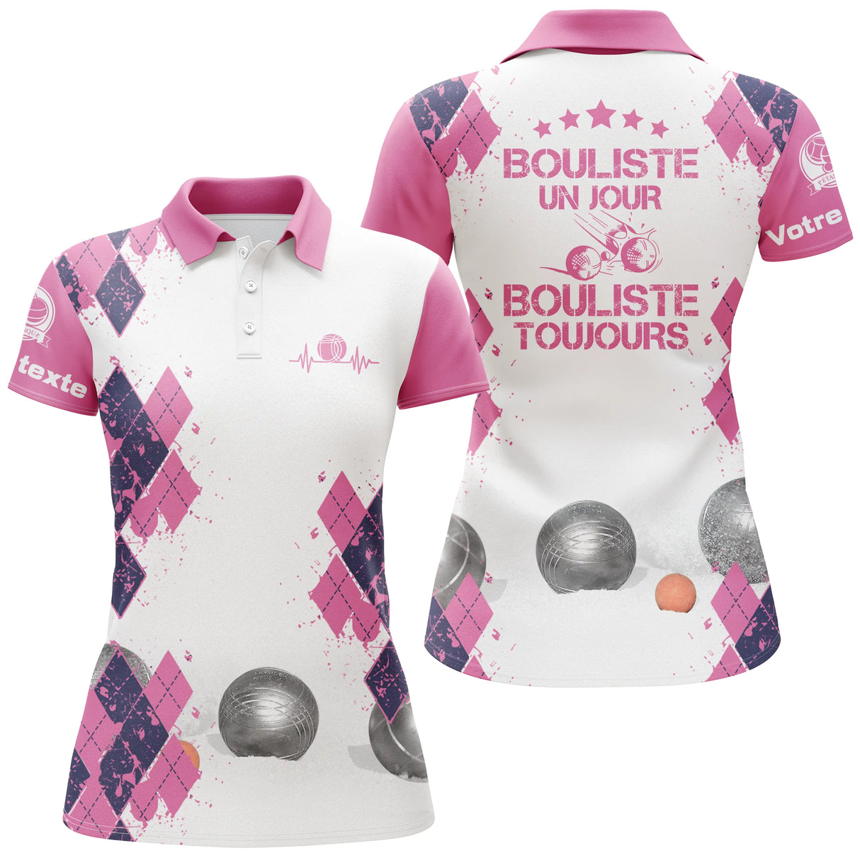 Polo pétanque femme violet Bouliste un jour toujours étoiles losanges boules dos prénom manche personnalisé