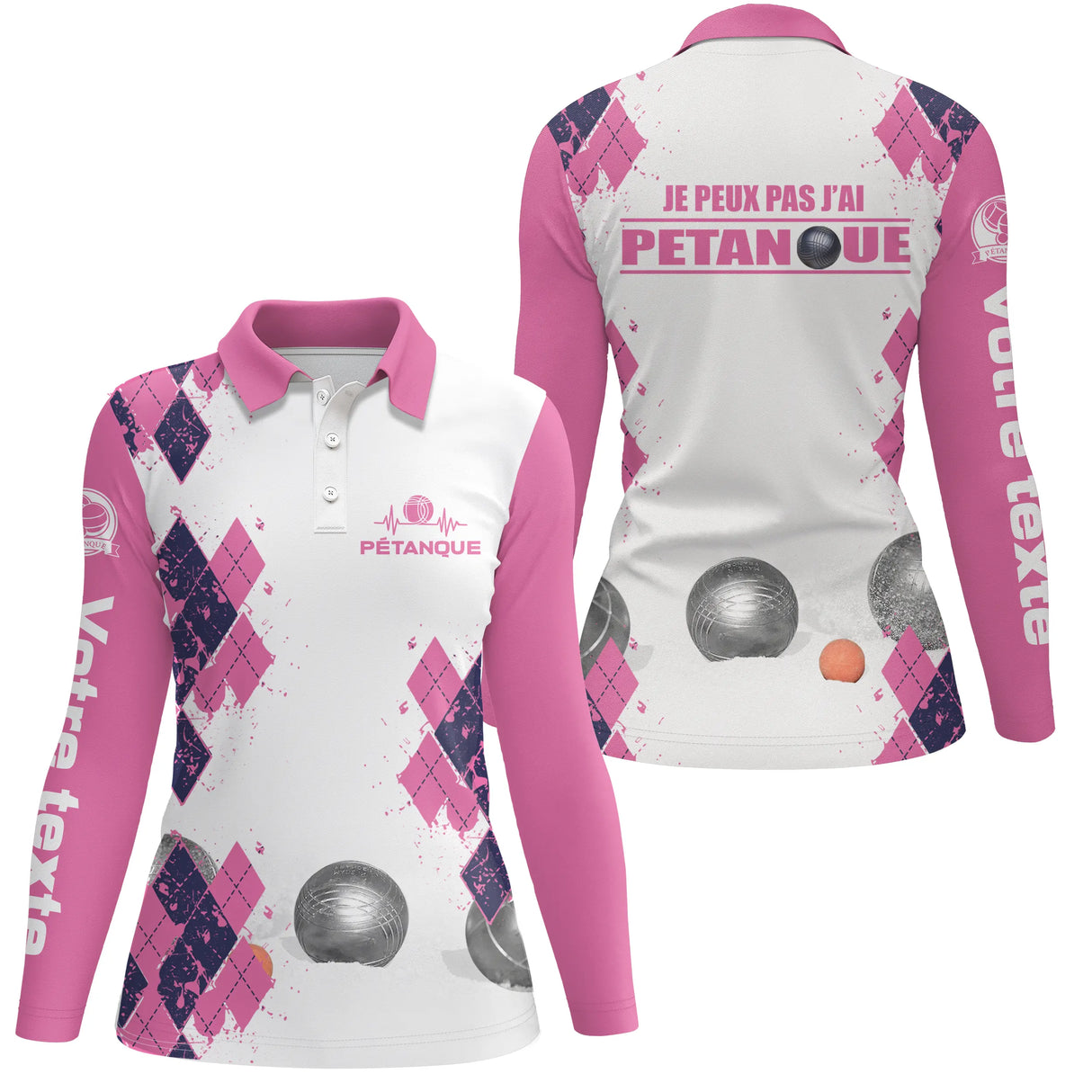 Polo manches longues femme rose humour j'peux pas losanges dos prénom personnalisé