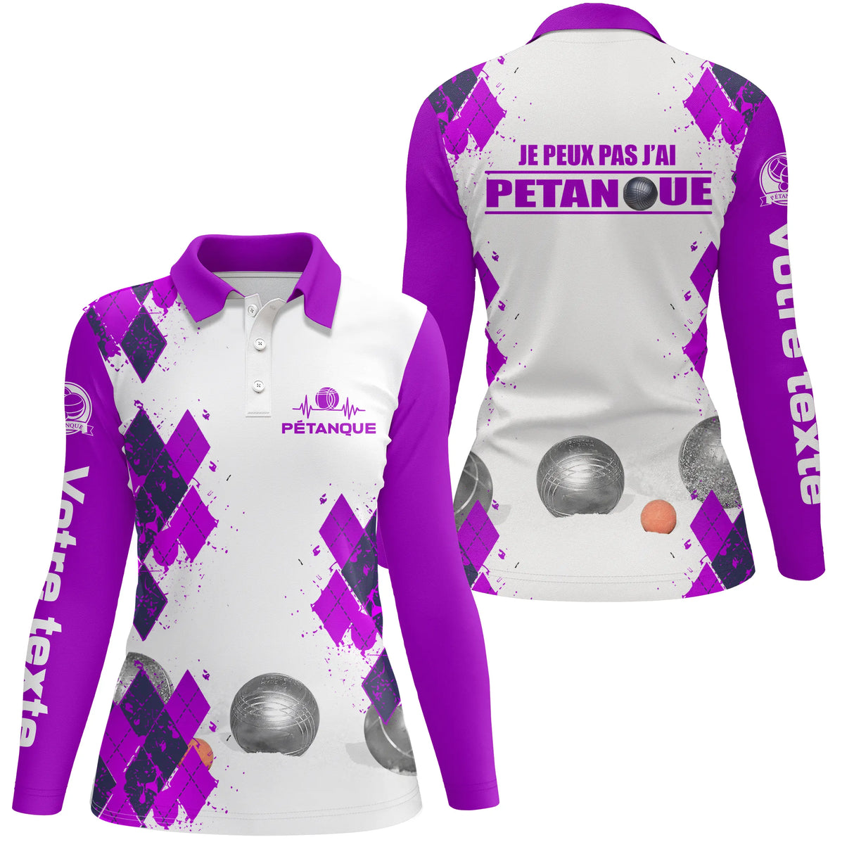 Polo manches longues femme violet humour j'peux pas losanges dos prénom personnalisé