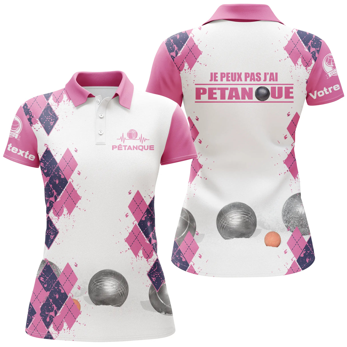 Polo pétanque femme rose humour j'peux pas losanges boules dos prénom manche bouliste personnalisé