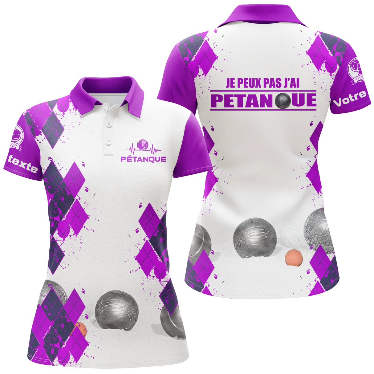 Polo pétanque femme violet humour j'peux pas losanges boules dos prénom manche bouliste personnalisé