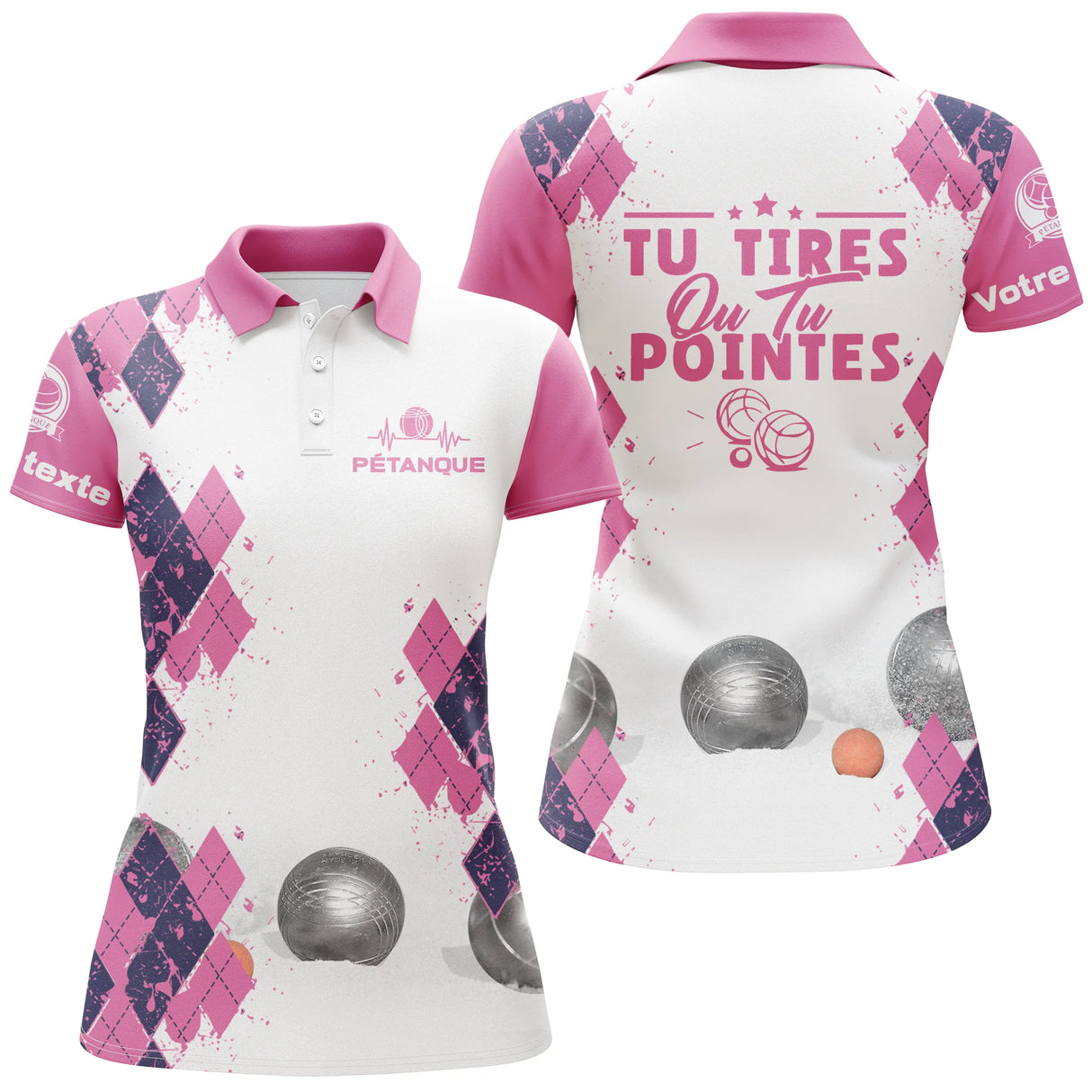 Polo pétanque femme violet Tirer ou pointer losanges boules dos prénom manche bouliste personnalisé