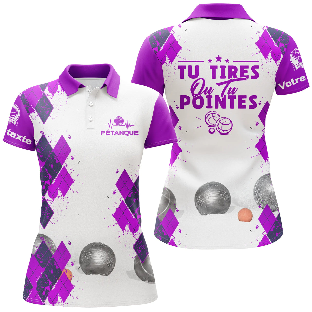 Polo pétanque femme rose Tirer ou pointer losanges boules dos prénom manche bouliste personnalisé