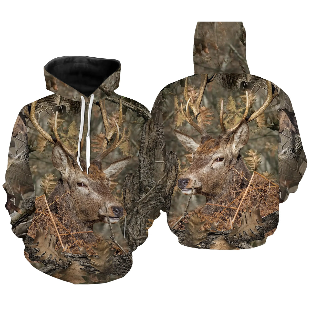Sweat capuche camouflage chasse cerf feuilles mortes motif cerf majestueux all-over chasseur cynégétique forêt