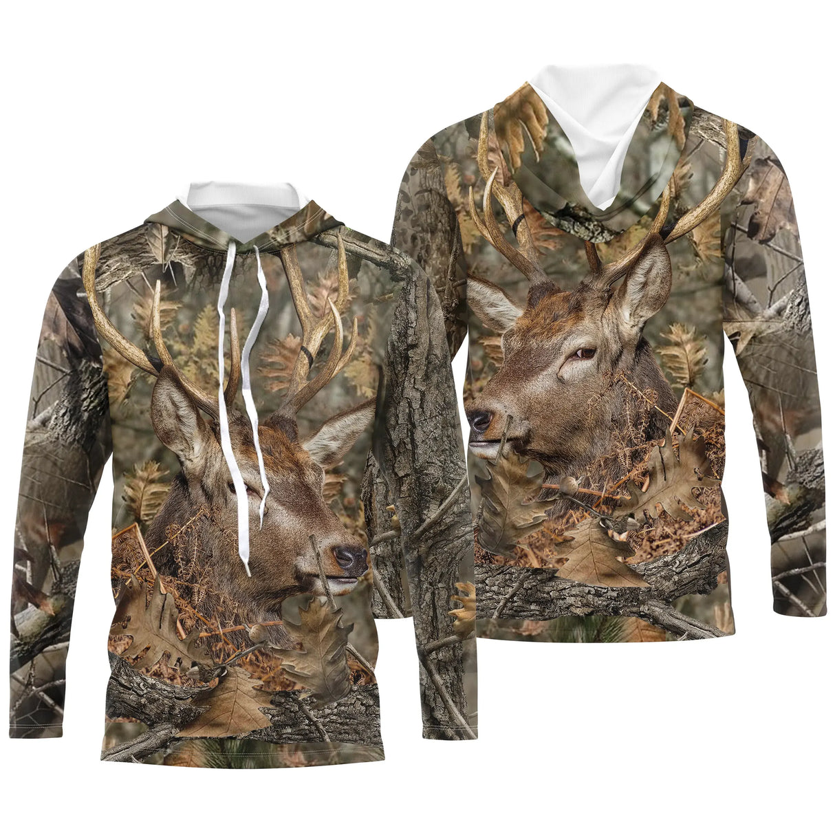 Maillot anti-UV à capuche chasse cerf camouflage forêt feuilles mortes motif cerf de profil tête haute majestueux