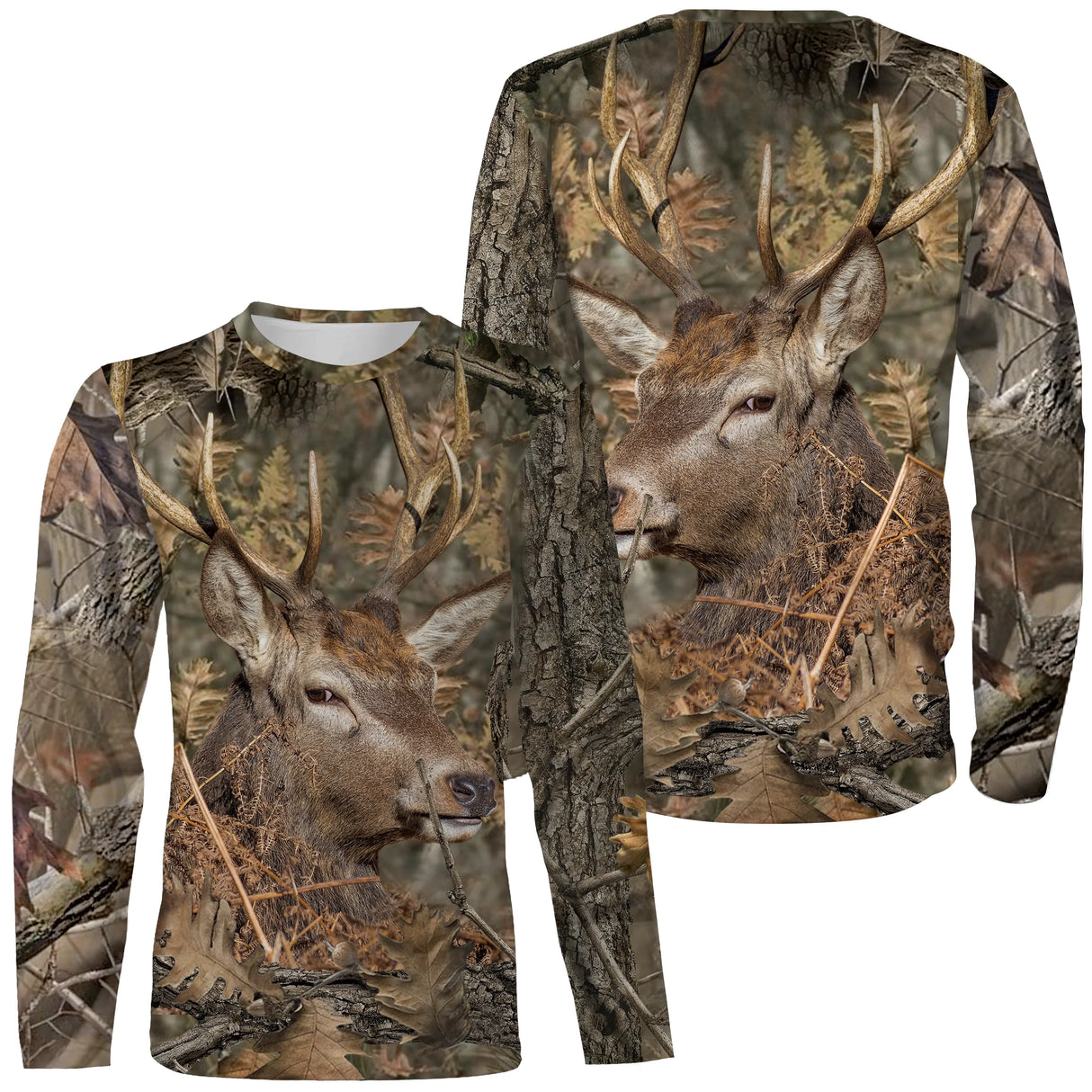 T-shirt manches longues camouflage chasse cerf feuilles mortes motif cervidé all-over chasseur affût forêt