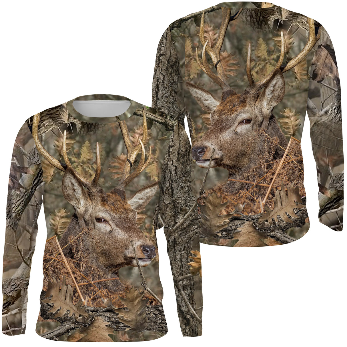 Maillot UV manches longues chasse cerf camouflage feuilles mortes motif cervidé all-over chasseur approche silencieuse