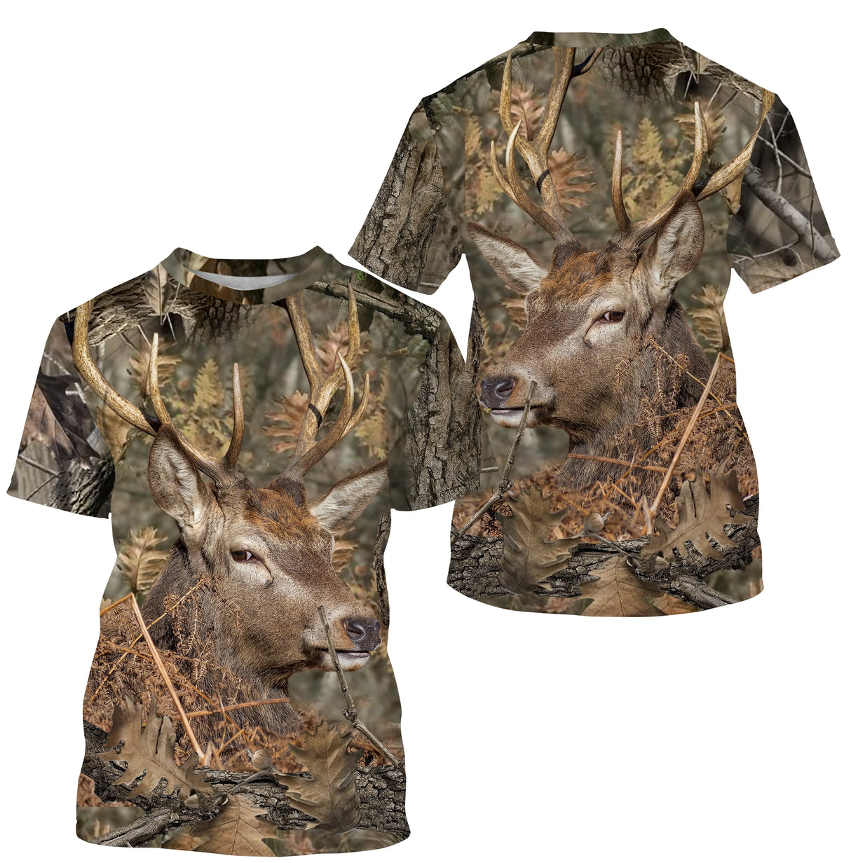 T-shirt camouflage chasse cerf forêt feuilles mortes motif cerf de profil all-over tenue chasseur cynégétique