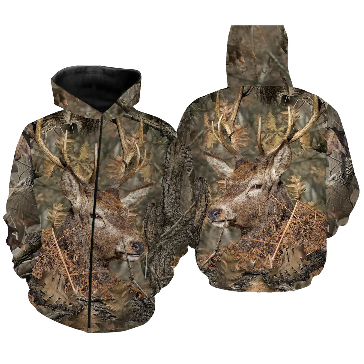 Sweat zippé camouflage chasse cerf forêt feuilles mortes motif cerf de profil tête haute all-over chasseur