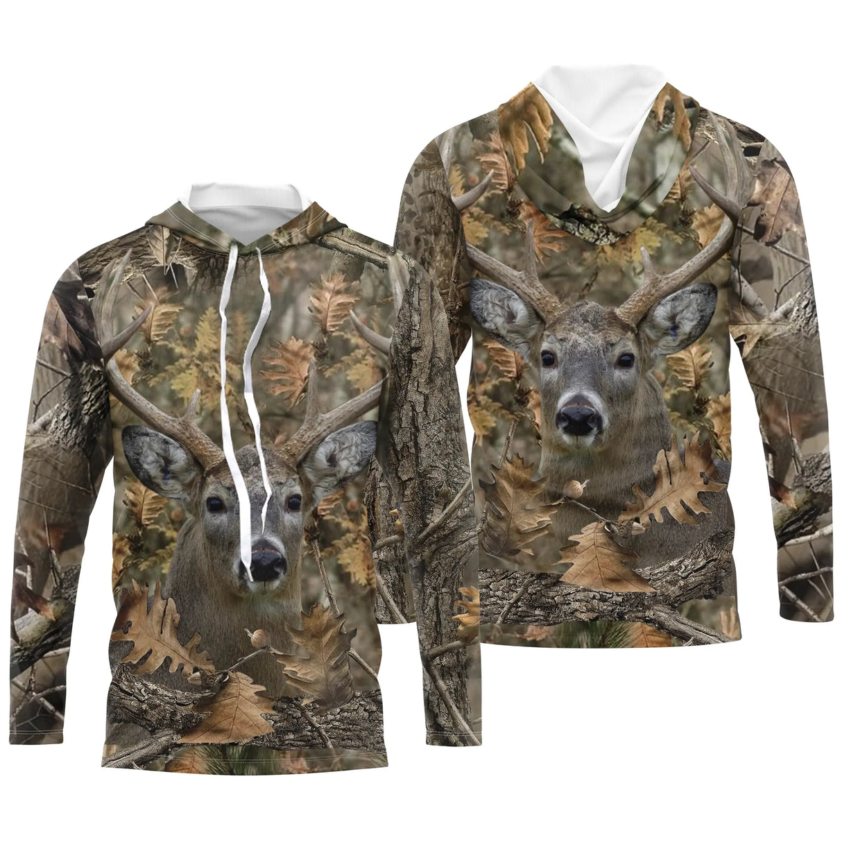 Maillot anti-UV à capuche chasse cerf biche camouflage forêt feuilles mortes motif cerf majestueux et biche clairière