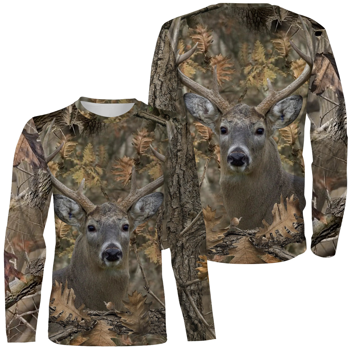 T-shirt manches longues camouflage chasse cerf biche feuilles mortes motif cervidé all-over chasseur clairière