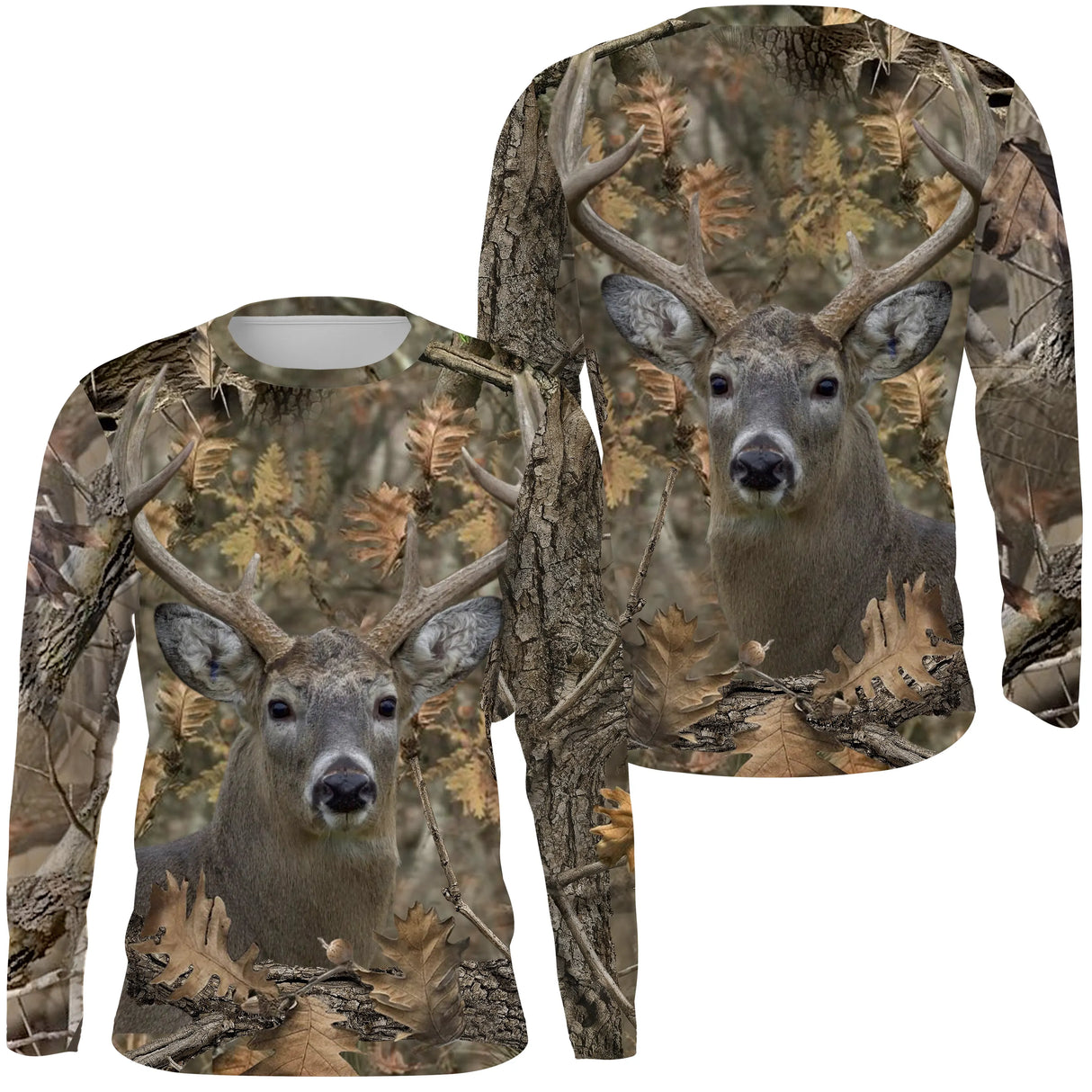 Maillot UV manches longues chasse cerf biche camouflage feuilles mortes motif cervidé all-over chasseur affût