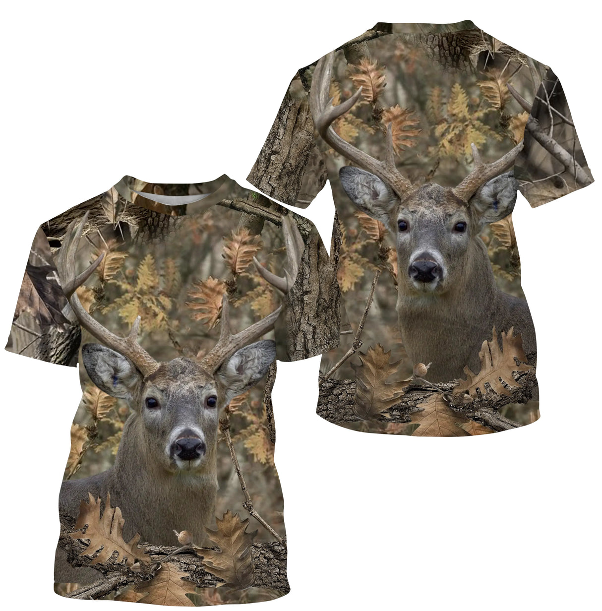 T-shirt camouflage chasse cerf biche forêt feuilles mortes motif cerf et biche all-over tenue chasseur cynégétique
