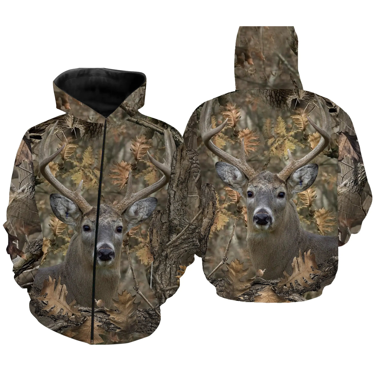 Sweat zippé camouflage chasse cerf biche forêt feuilles mortes motif cervidé all-over chasseur approche silencieuse