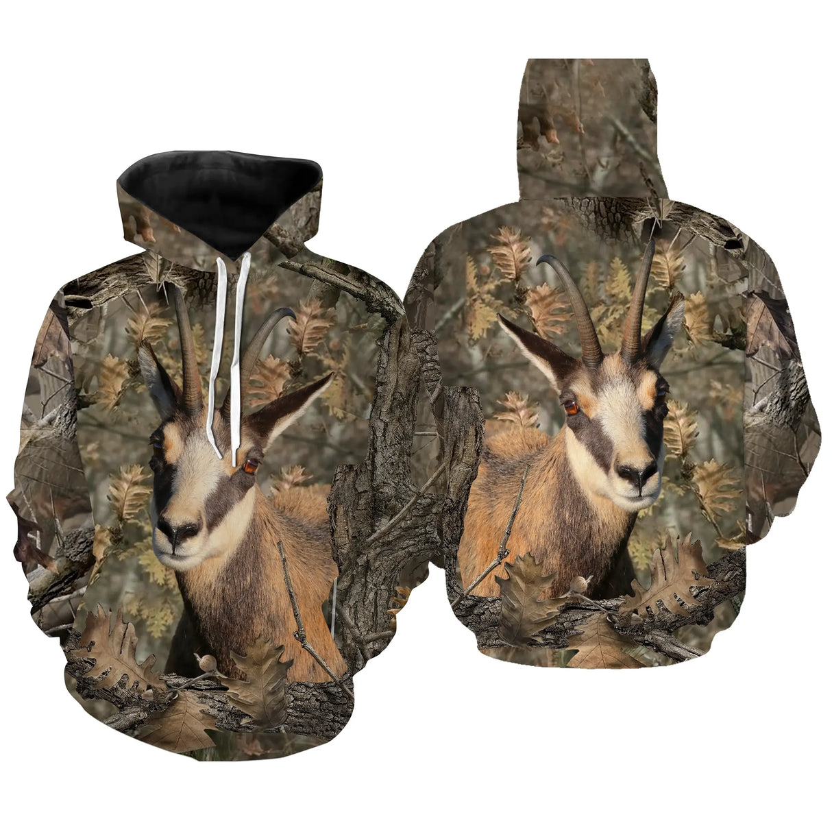Sweat capuche camouflage chasse chamois feuilles mortes motif chamois sur arête rocheuse all-over chasseur
