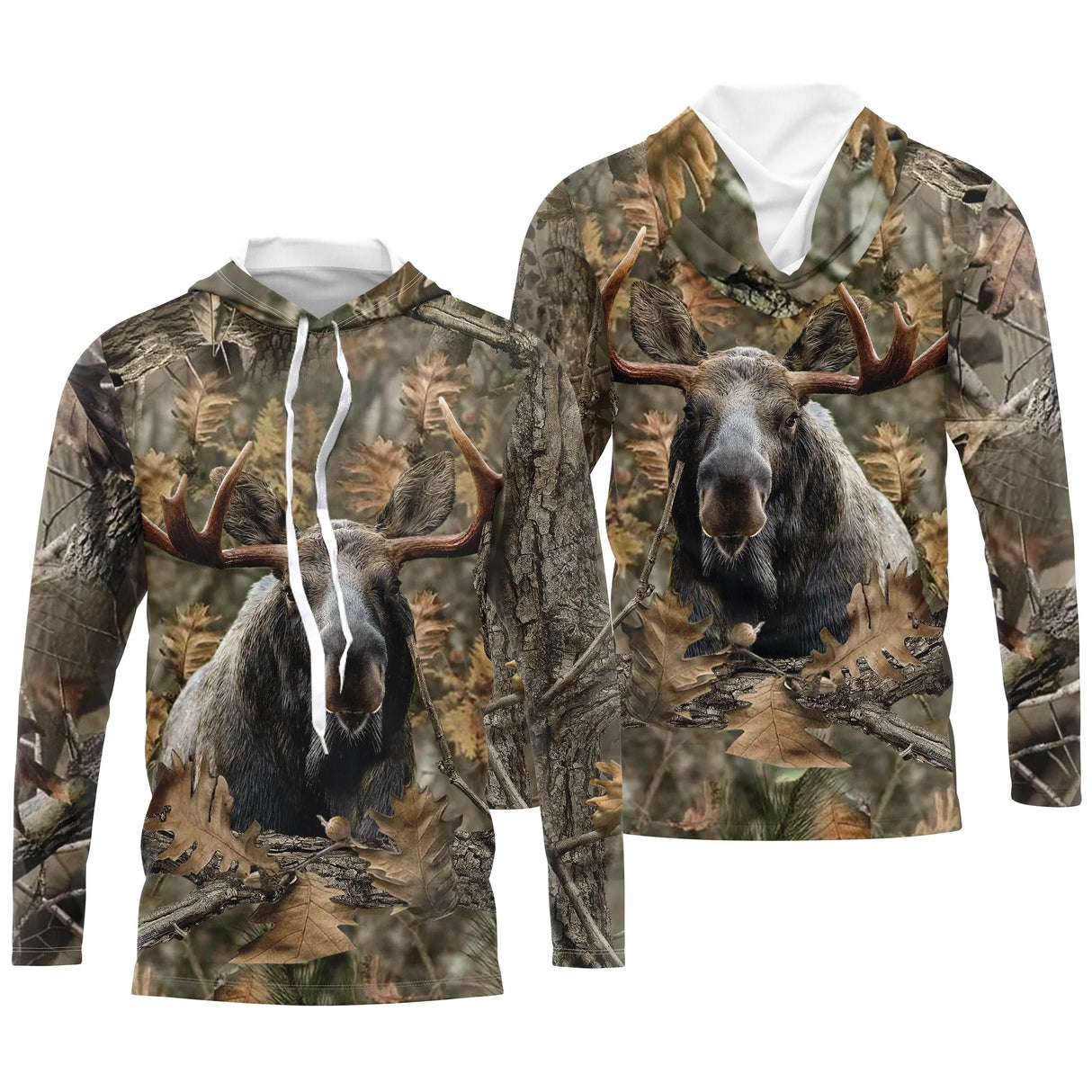 Maillot anti-UV à capuche chasse élan camouflage forêt feuilles mortes motif élan imposant aux bois caractéristiques
