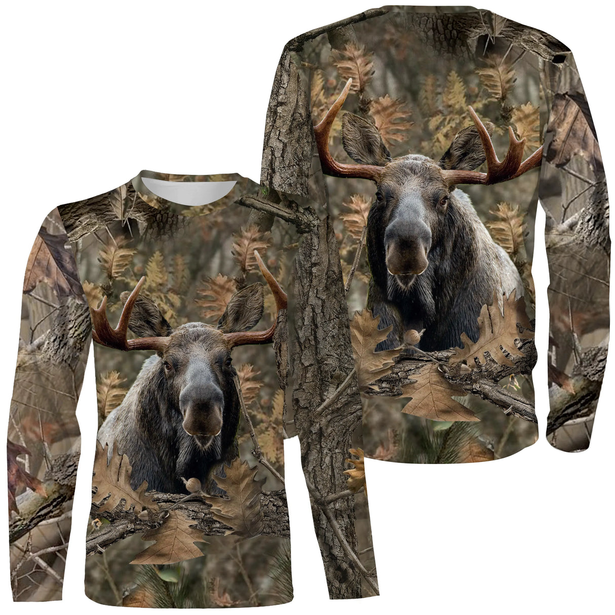 T-shirt manches longues camouflage chasse élan feuilles mortes motif élan all-over chasseur expédition boréale