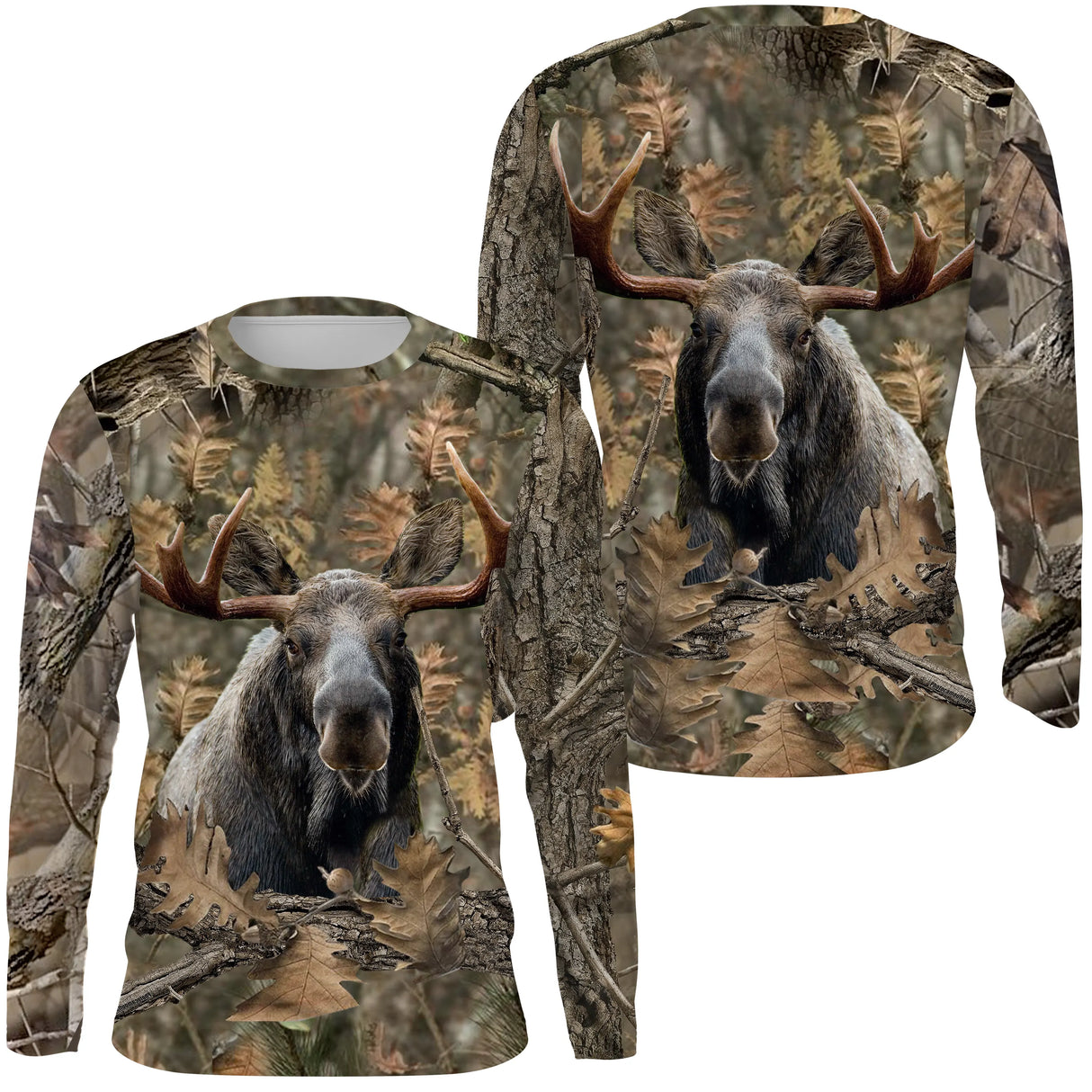 Maillot UV manches longues chasse élan camouflage feuilles mortes motif élan boréal all-over chasseur