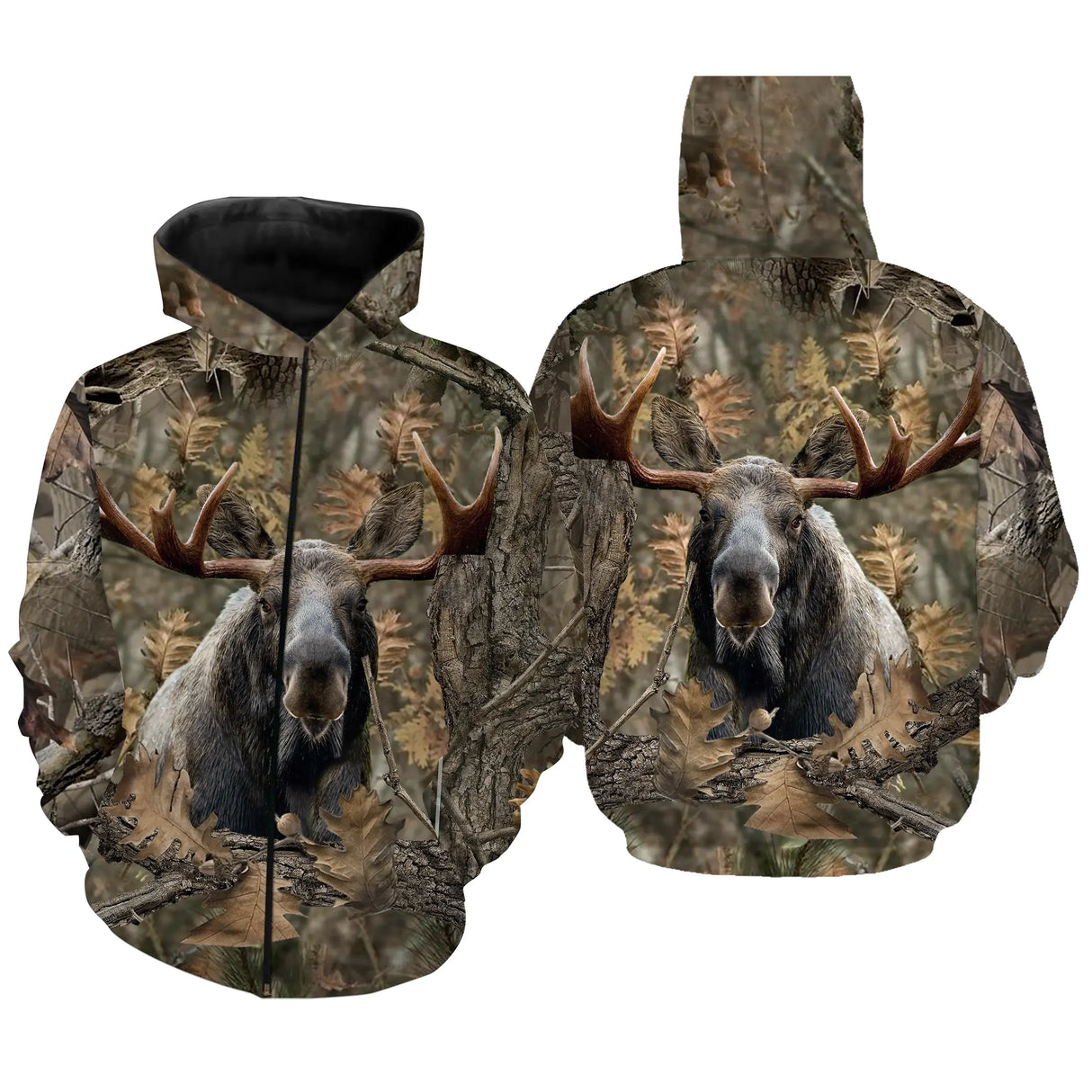 Sweat zippé camouflage chasse élan forêt feuilles mortes motif élan boréal all-over chasseur affût marais