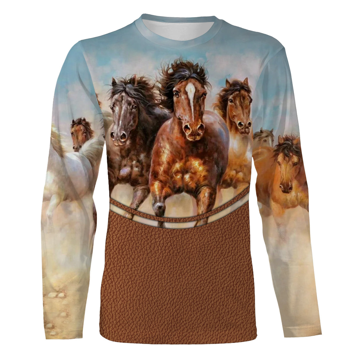 T-shirt équitation chevaux au galop vue de face design dynamique, coupe unisexe all-over