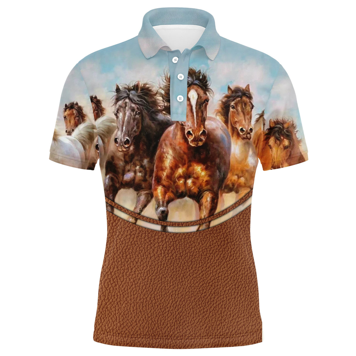 Polo équitation avec troupeau de chevaux au galop brun noir et blanc sur fond bleu ciel et bordure cuir patiné