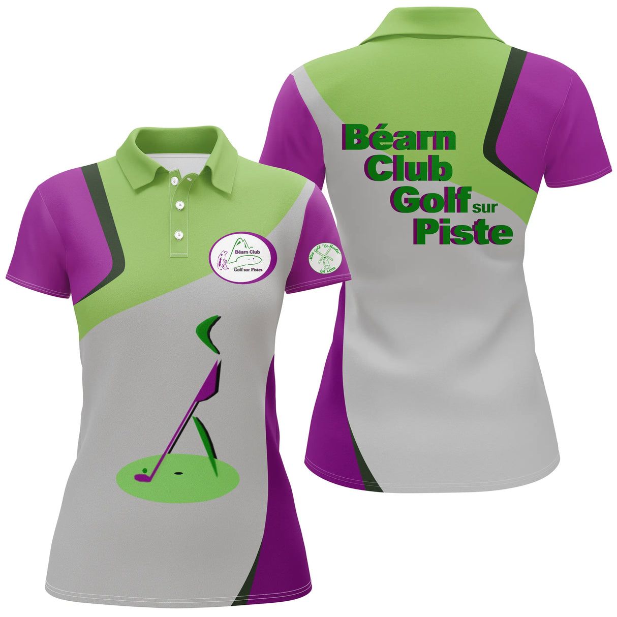 Polo golf Femme tricolore vert violet gris Béarn Club Golf sur Pistes logo manche