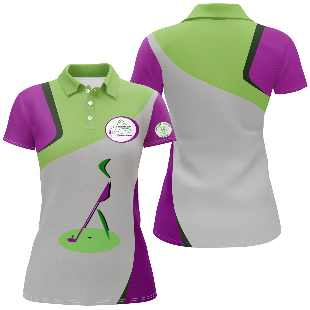 Polo golf Femme Béarn Club vue alternative vert violet gris avec écusson sur la manche