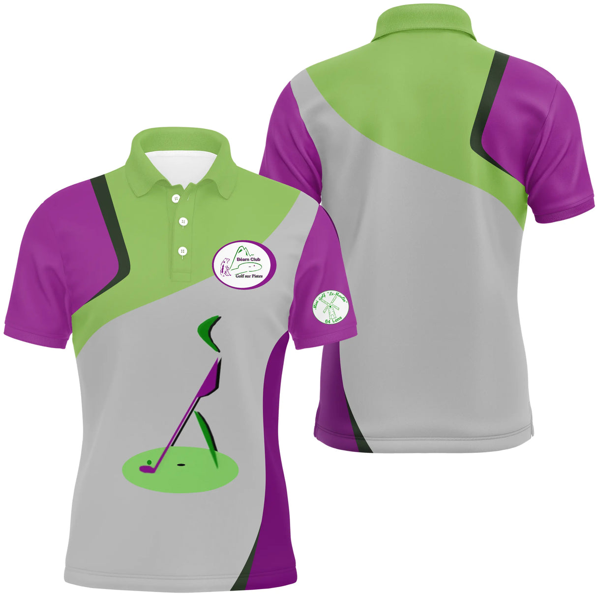 Polo golf Homme Béarn Club vue alternative tricolore avec écusson Moulin Lons logo manche