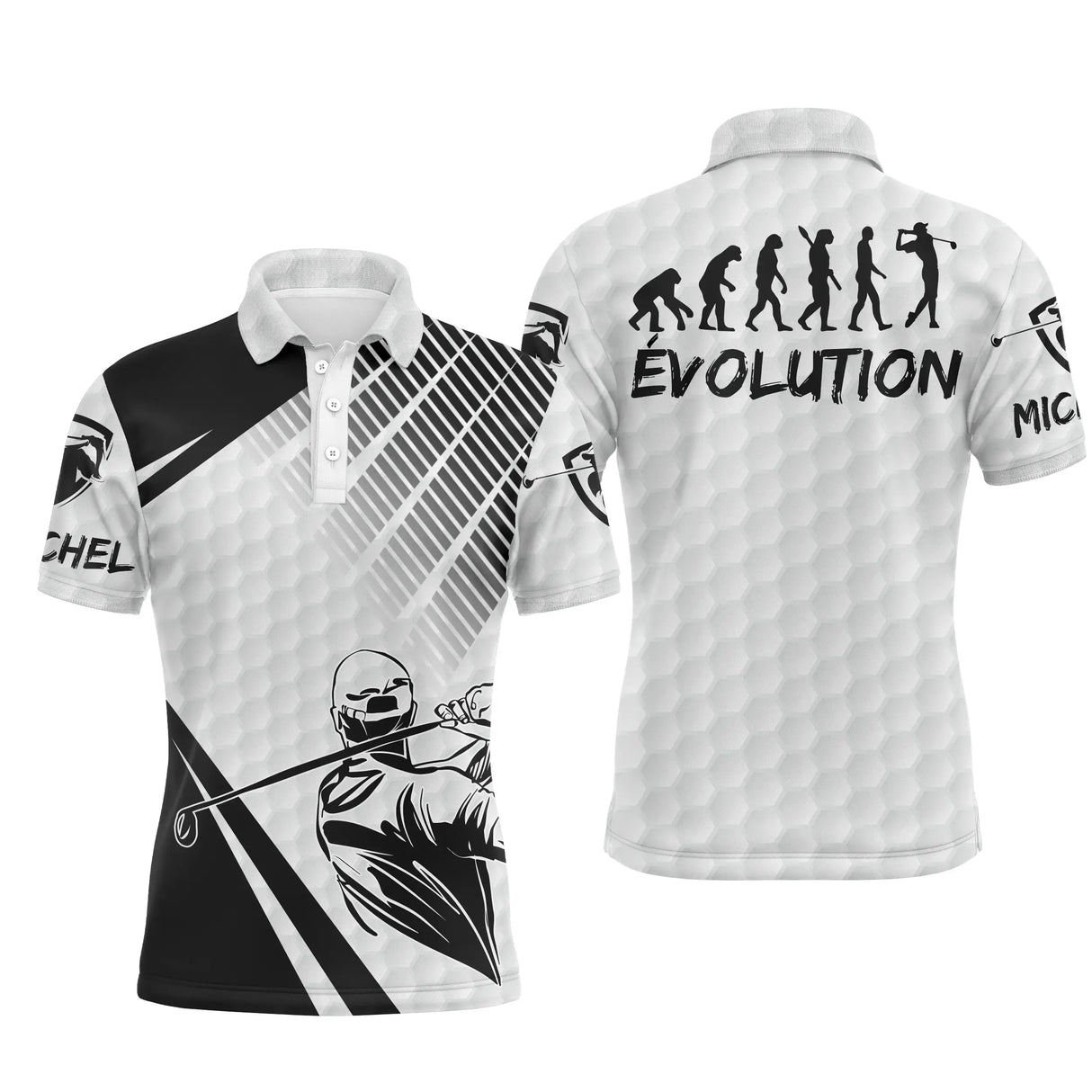 Polo de golf personnalisé homme blanc avec frise évolution du golfeur silhouettes alignées