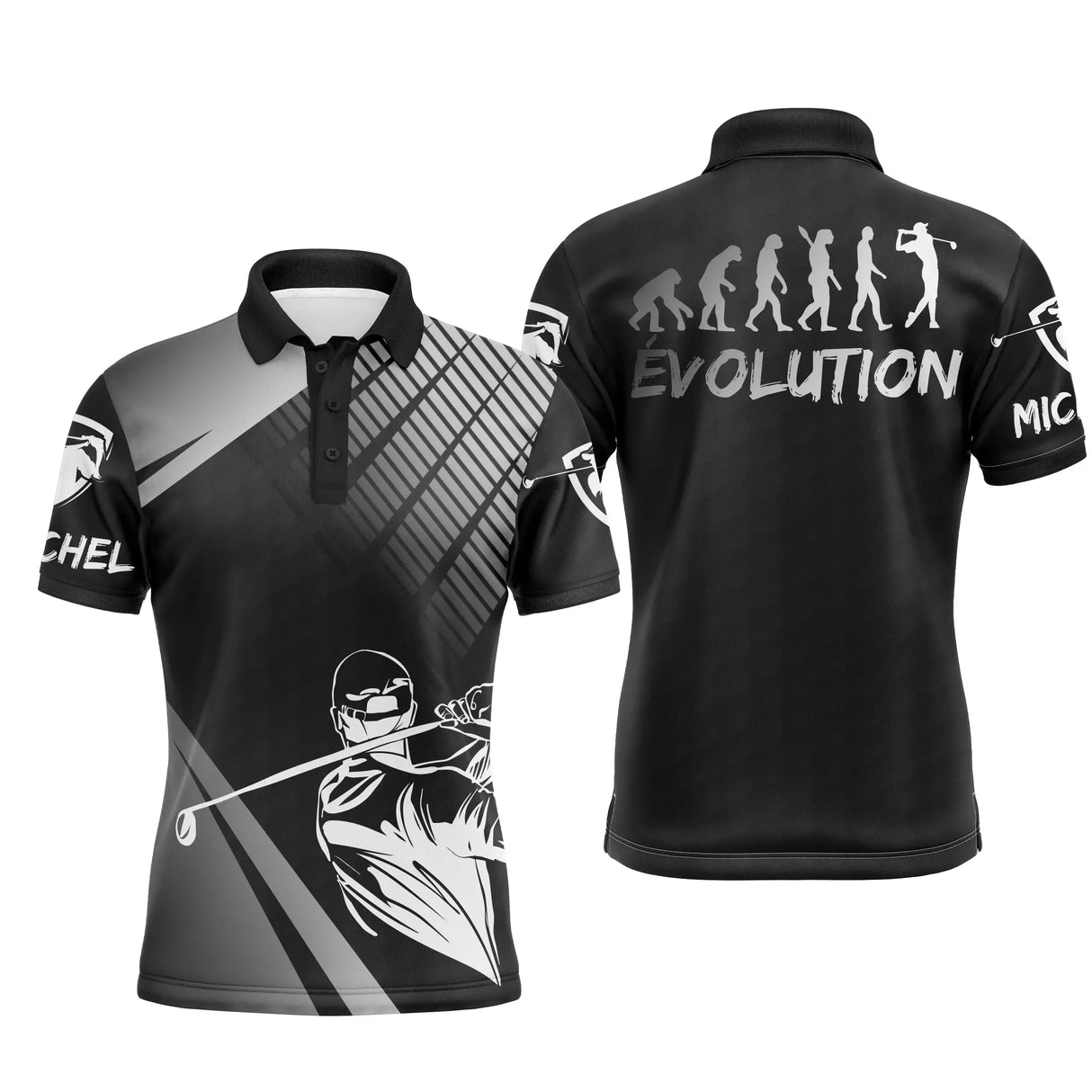 Polo de golf homme noir personnalisé évolution du golfeur silhouettes humour