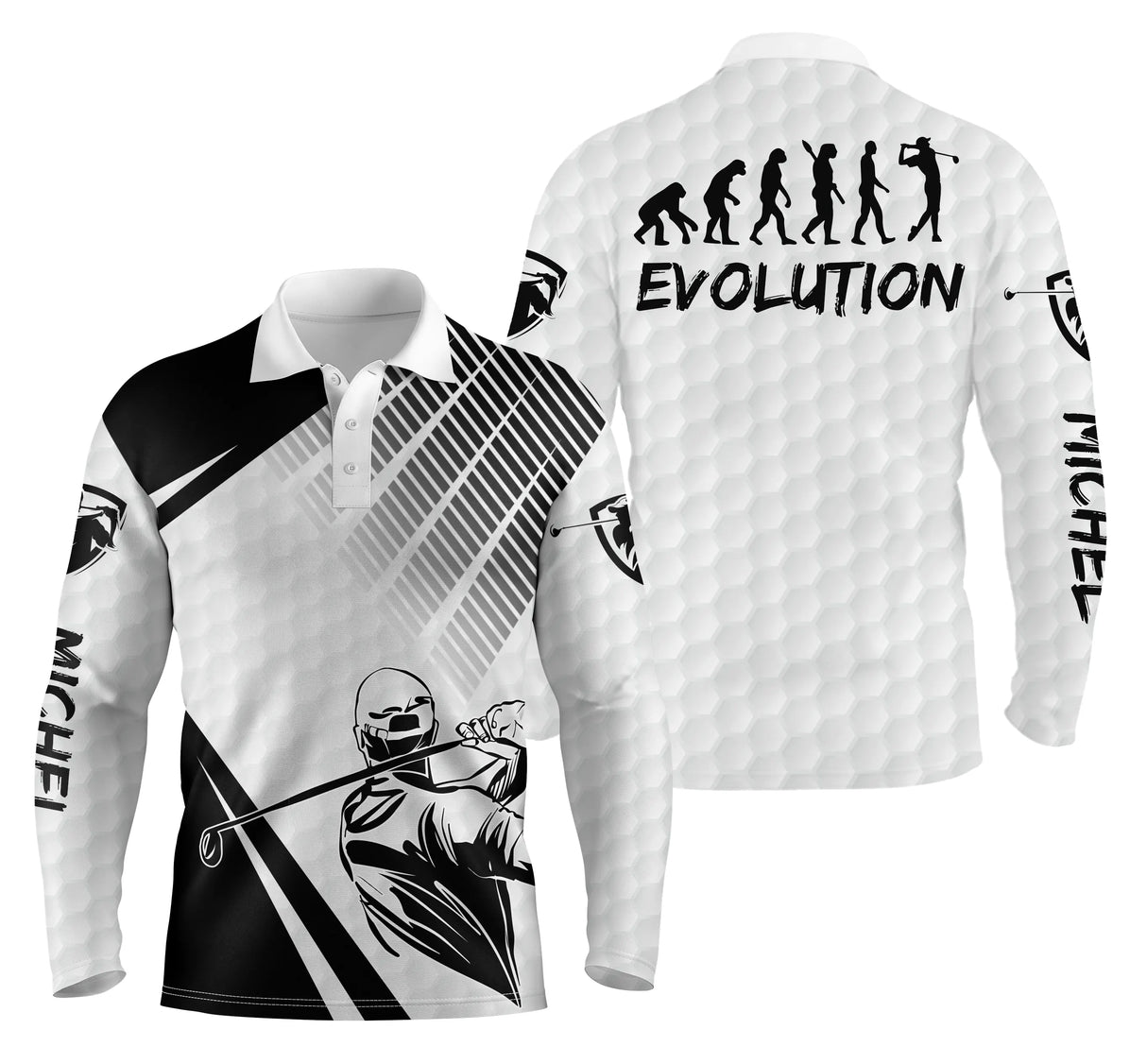 Polo de golf manches longues unisexe blanc évolution golfeur silhouettes parcours frais