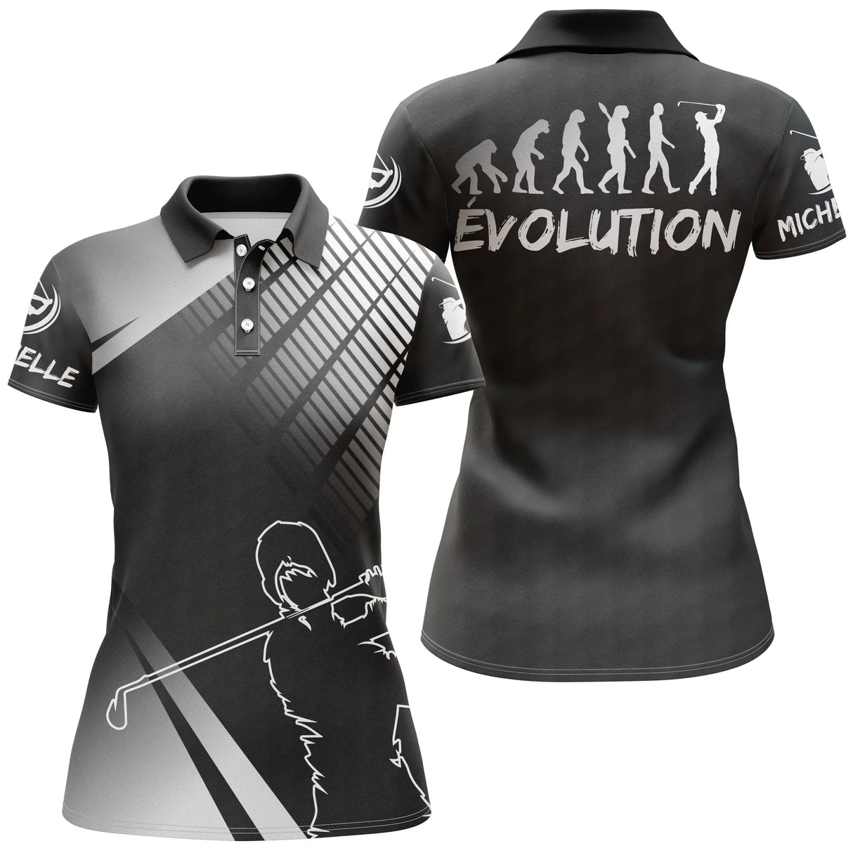 Polo de golf femme noir avec frise évolution silhouettes coupe cintrée féminine