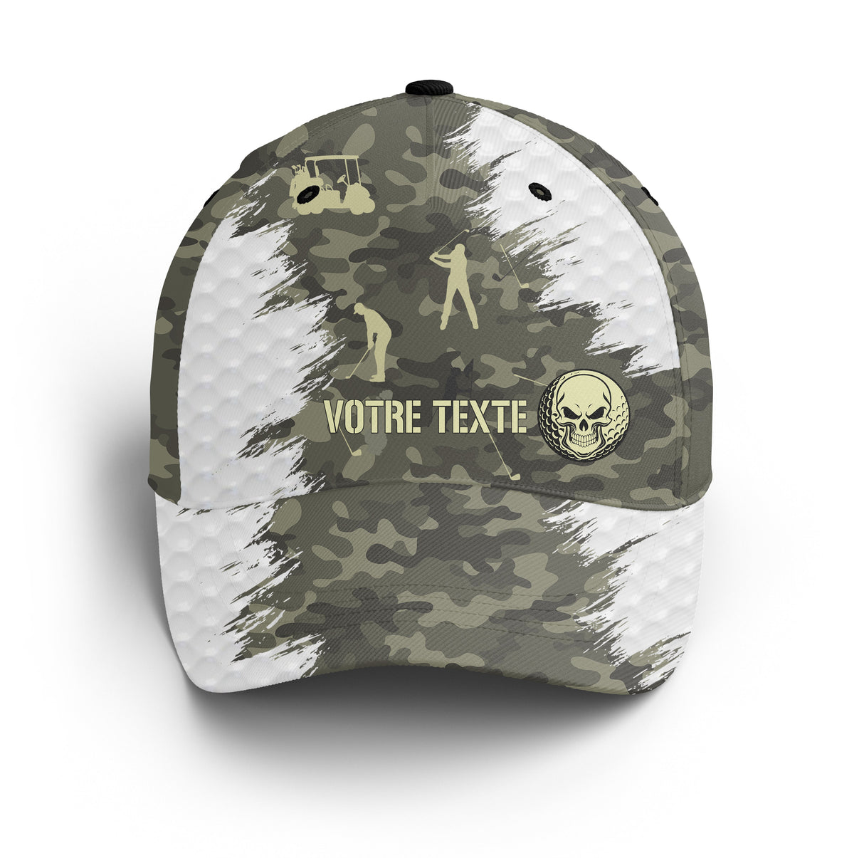 Casquette golf camouflage clair tête de mort dorée golfeurs swing texte côté broderie unisexe personnalisable