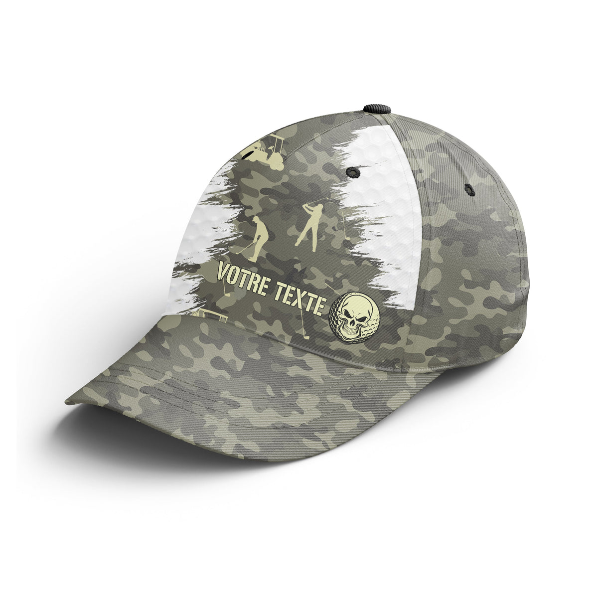 Casquette golf camouflage gris beige tête mort golfeurs texte broderie côté unisexe personnalisable