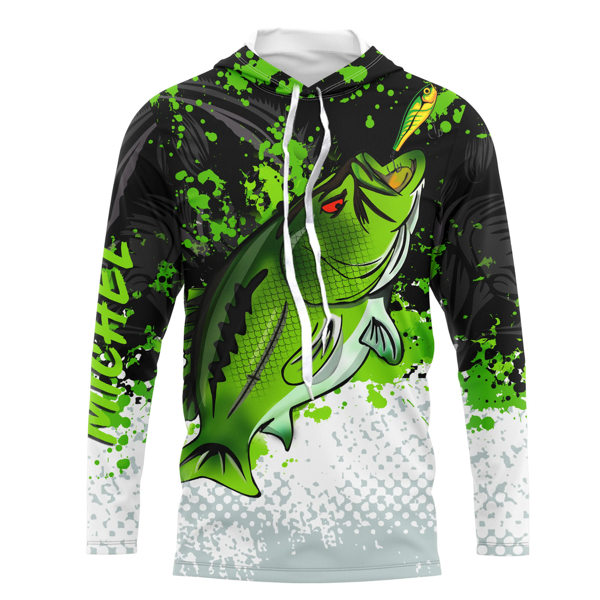 Sweat capuche anti-UV pêche bar vert noir blanc avec bar imposant en attaque sur slim shad