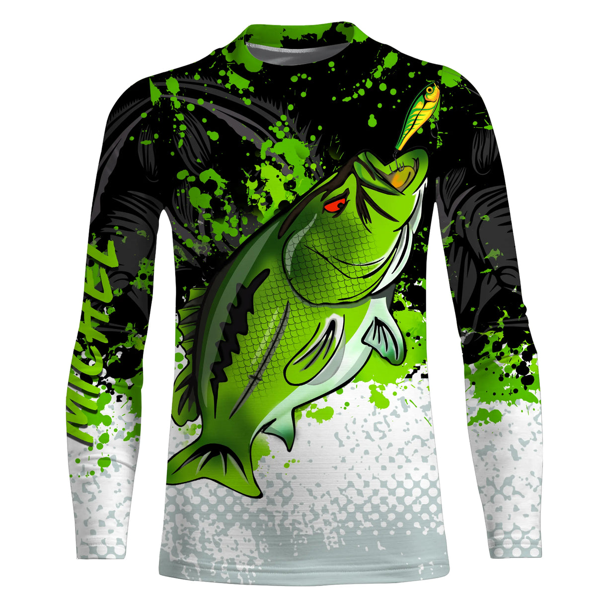 Sweat zippé all-over pêche bar vert noir blanc pour surfcasting et bord de mer