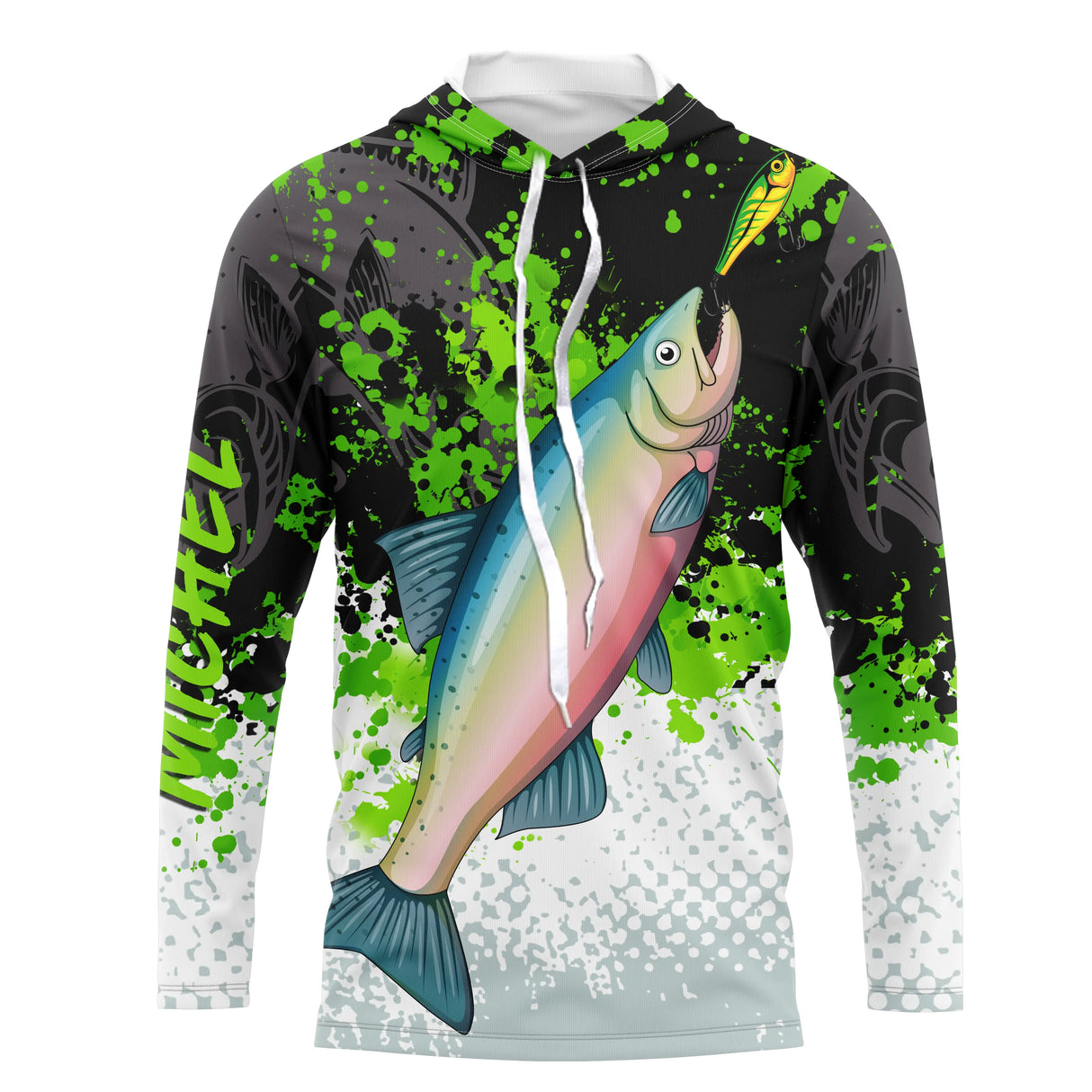 Sweat capuche anti-UV pêche saumon vert noir blanc avec saumon argenté en remontée et éclaboussures vert pomme