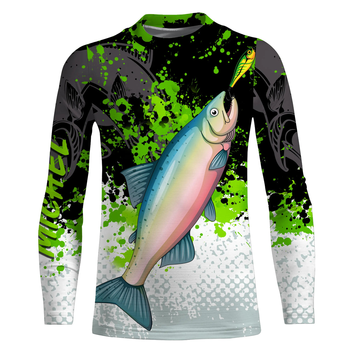 Sweat zippé all-over pêche saumon vert noir blanc pour pêche mouche catch and release