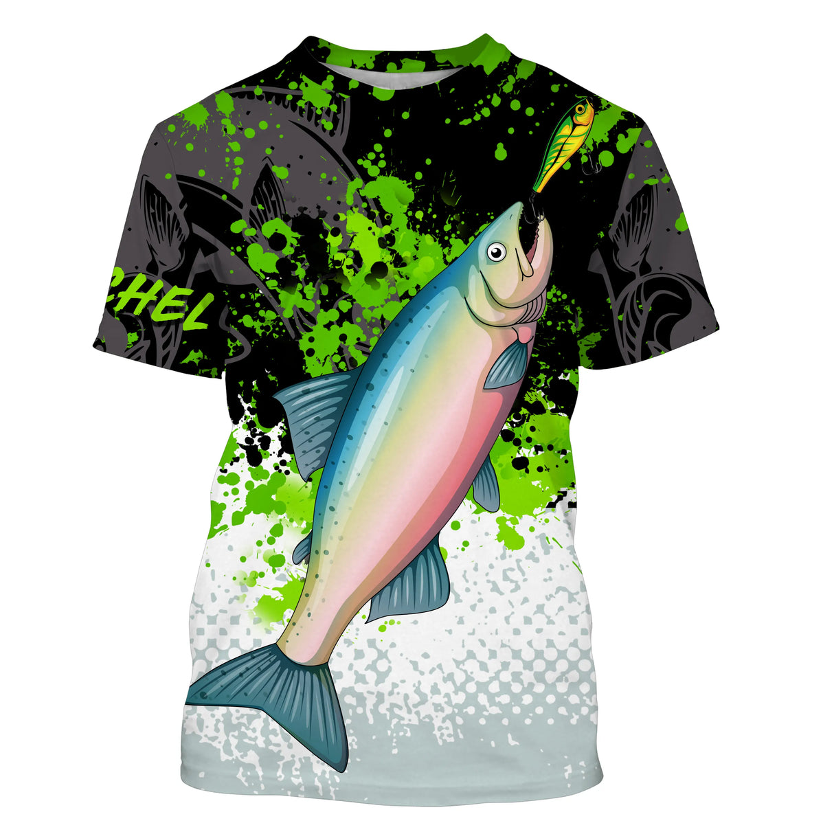 T-shirt col rond all-over pêche saumon vert noir blanc grille de pêche bas