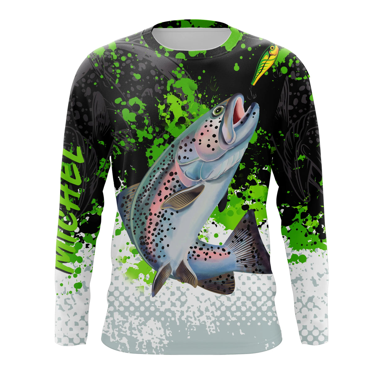T-shirt anti-UV manches longues pêche truite vert noir blanc truite tachetée naturaliste