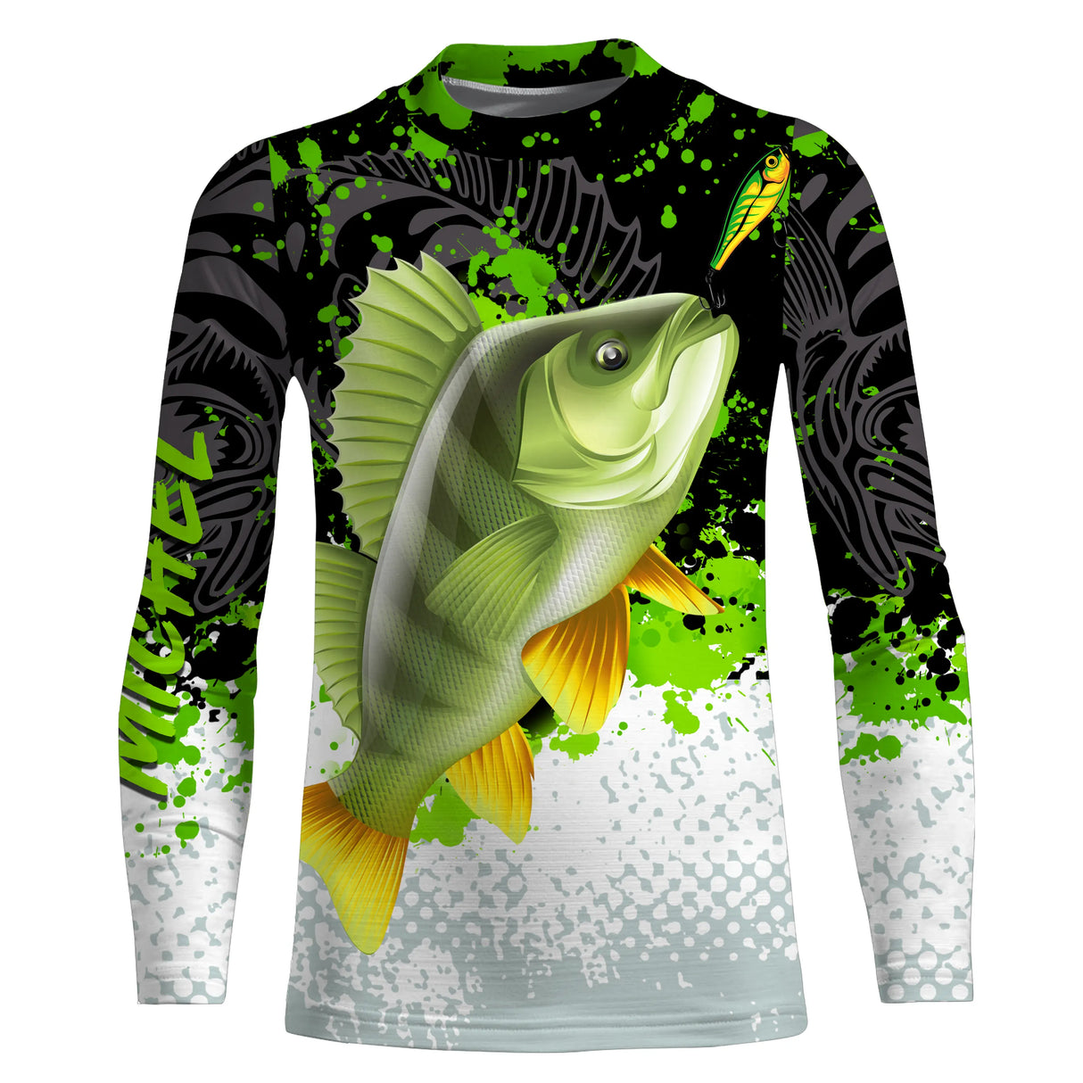 Sweat zippé all-over pêche perche vert noir blanc pour drop shot et light jigging