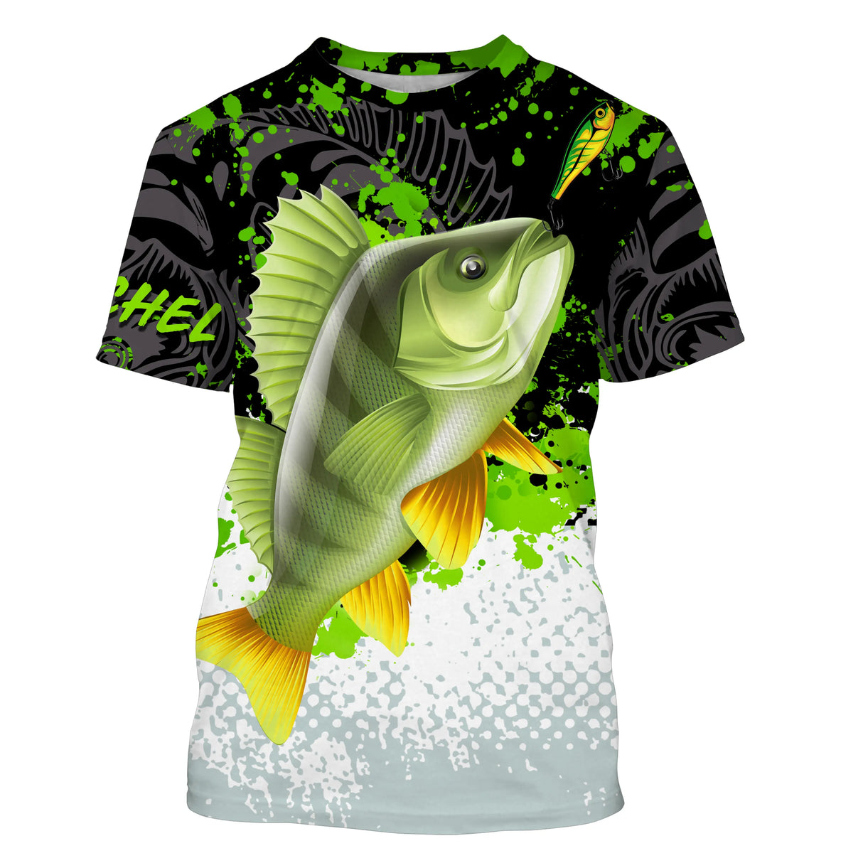 T-shirt col rond all-over pêche perche vert noir blanc grille de pêche bas