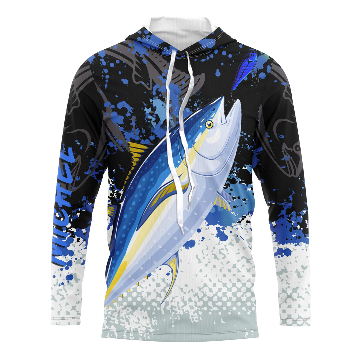 Sweat capuche anti-UV pêche thon bleu marine avec thon rouge en course de chasse et lettrage Tuna blanc