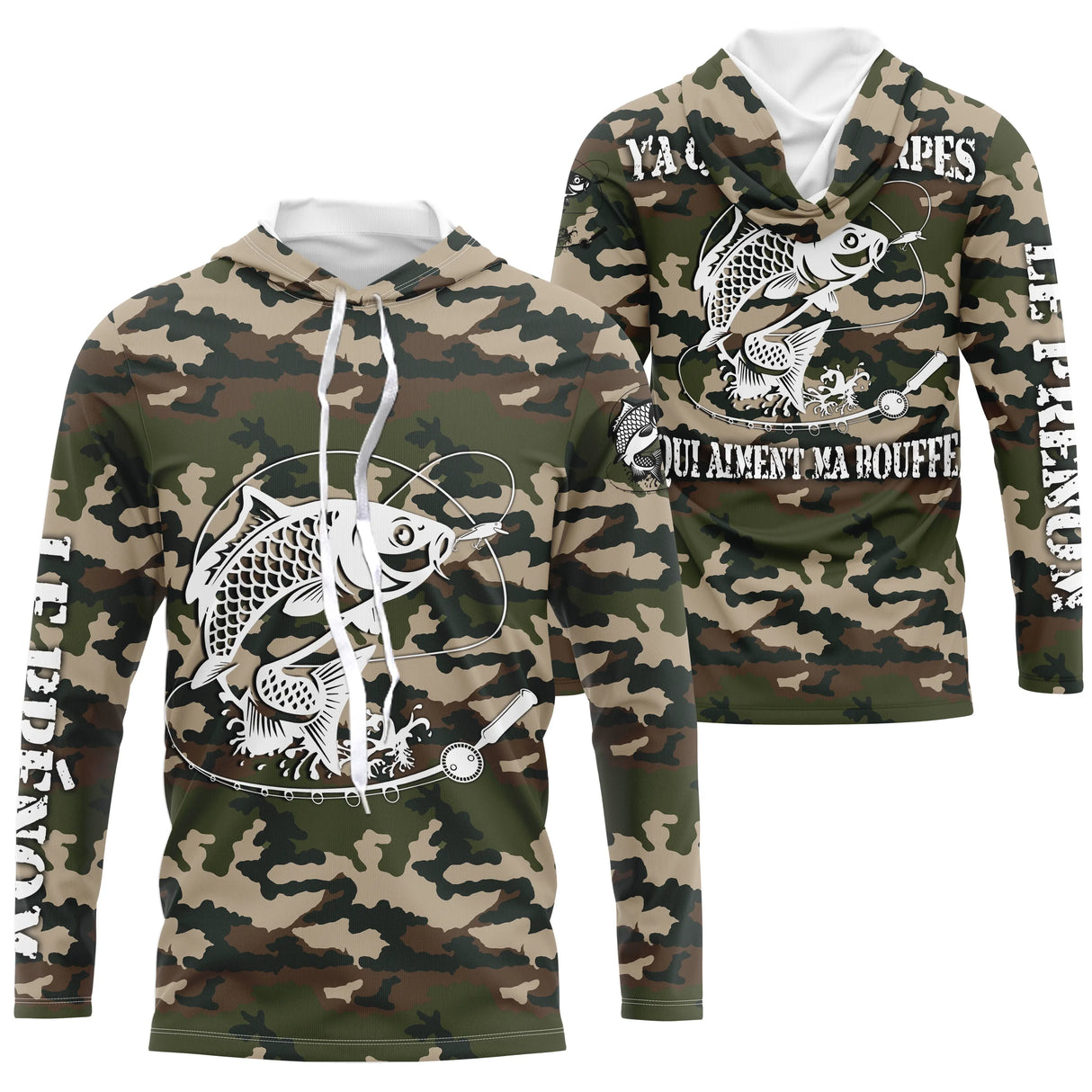 Sweat UV pêche carpe all-over camouflage forêt motif carpe noire encrée Y'a que les carpes humour prénom personnalisé