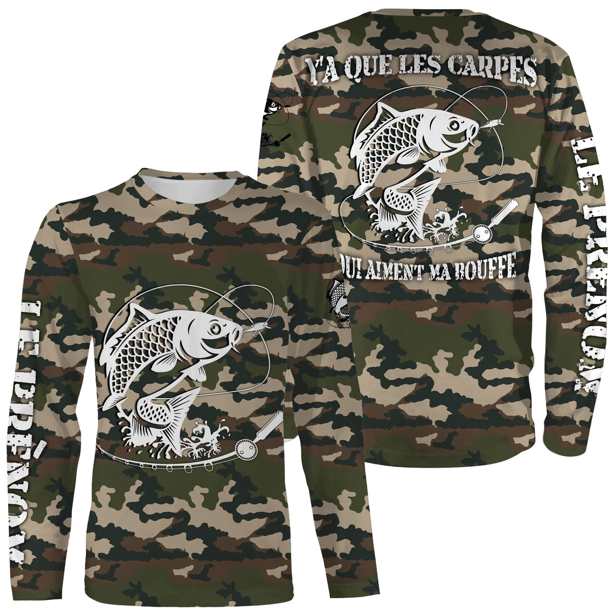 Maillot UV manches longues pêche carpe all-over camouflage motif carpe humour bouffe prénom personnalisé carpiste