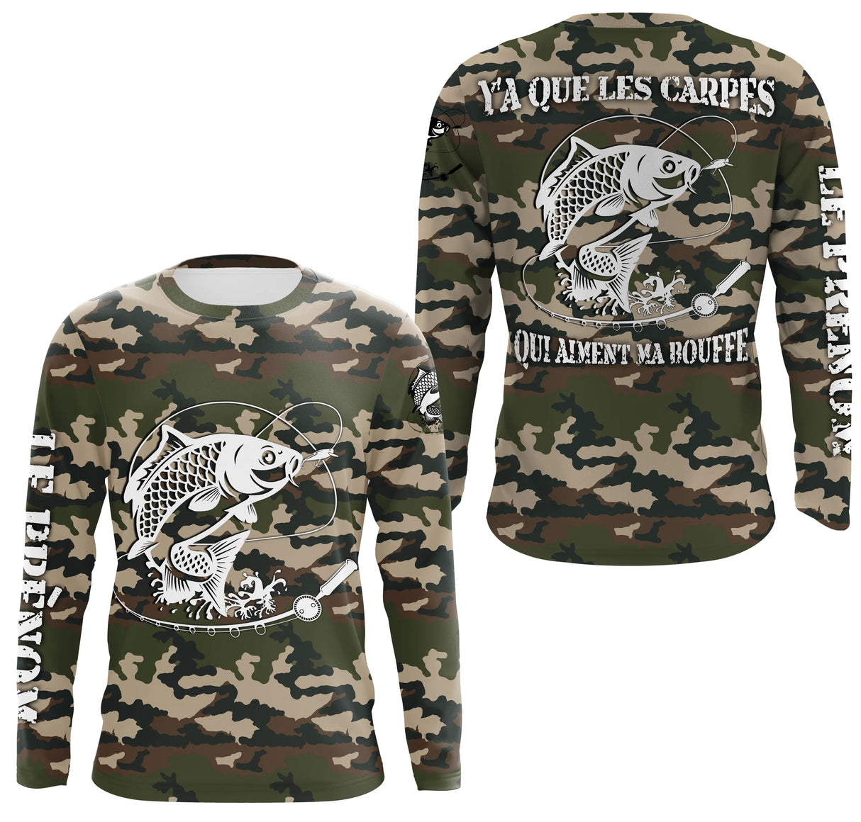 Sweat zippé pêche carpe UV all-over camouflage motif carpe humour bouffe prénom personnalisé carpiste bivouac