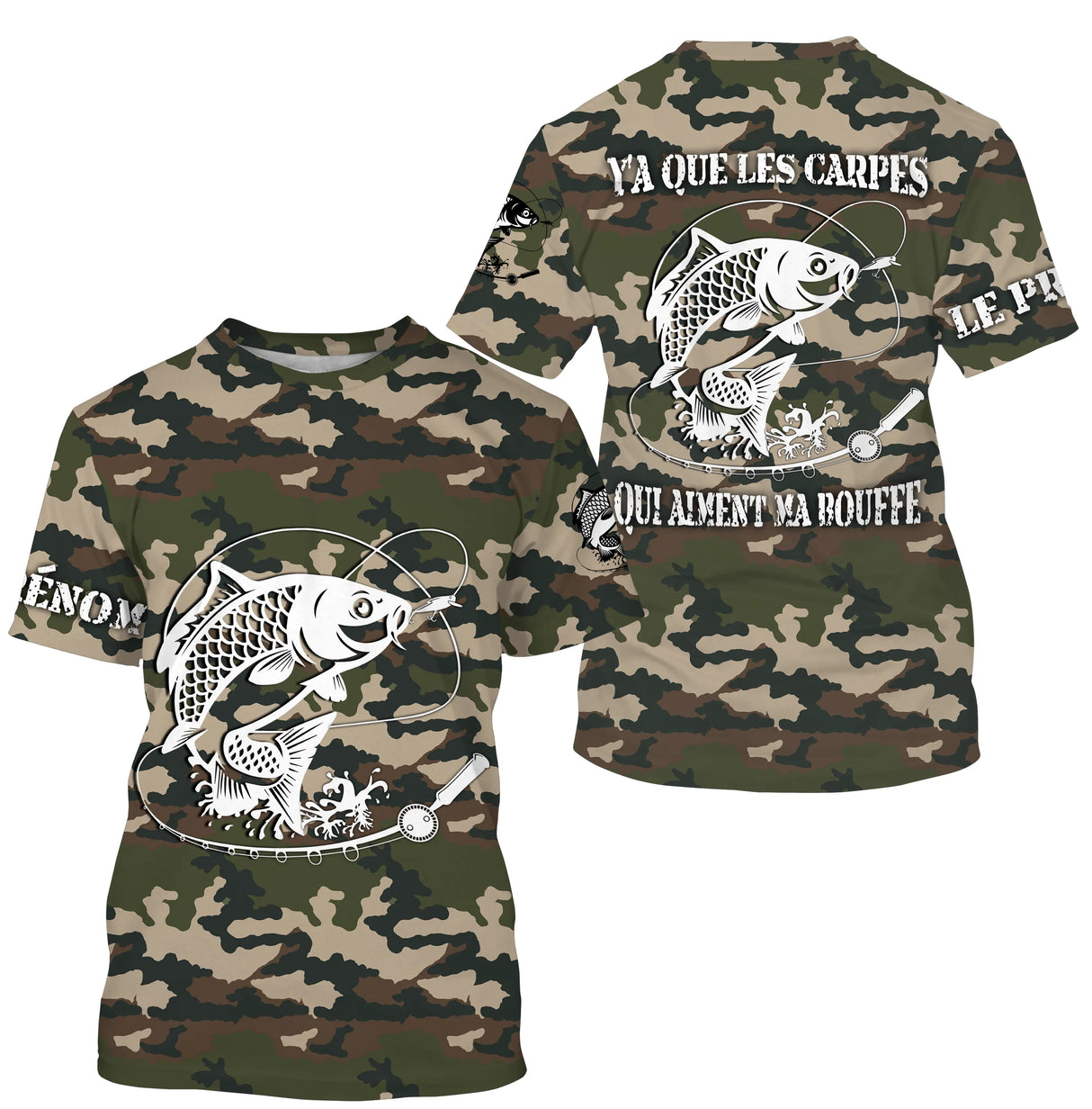 Sweat capuche pêche carpe UV all-over camouflage forêt motif carpe humour Y'a que les carpes prénom personnalisé