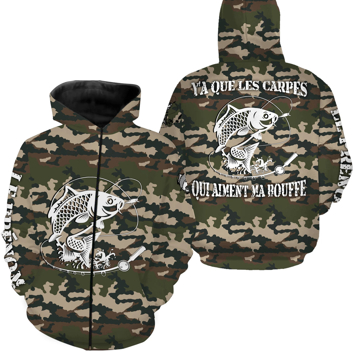 Hoodie pêche carpe UV all-over camouflage forêt motif carpe noire encrée humour pêcheur prénom personnalisé